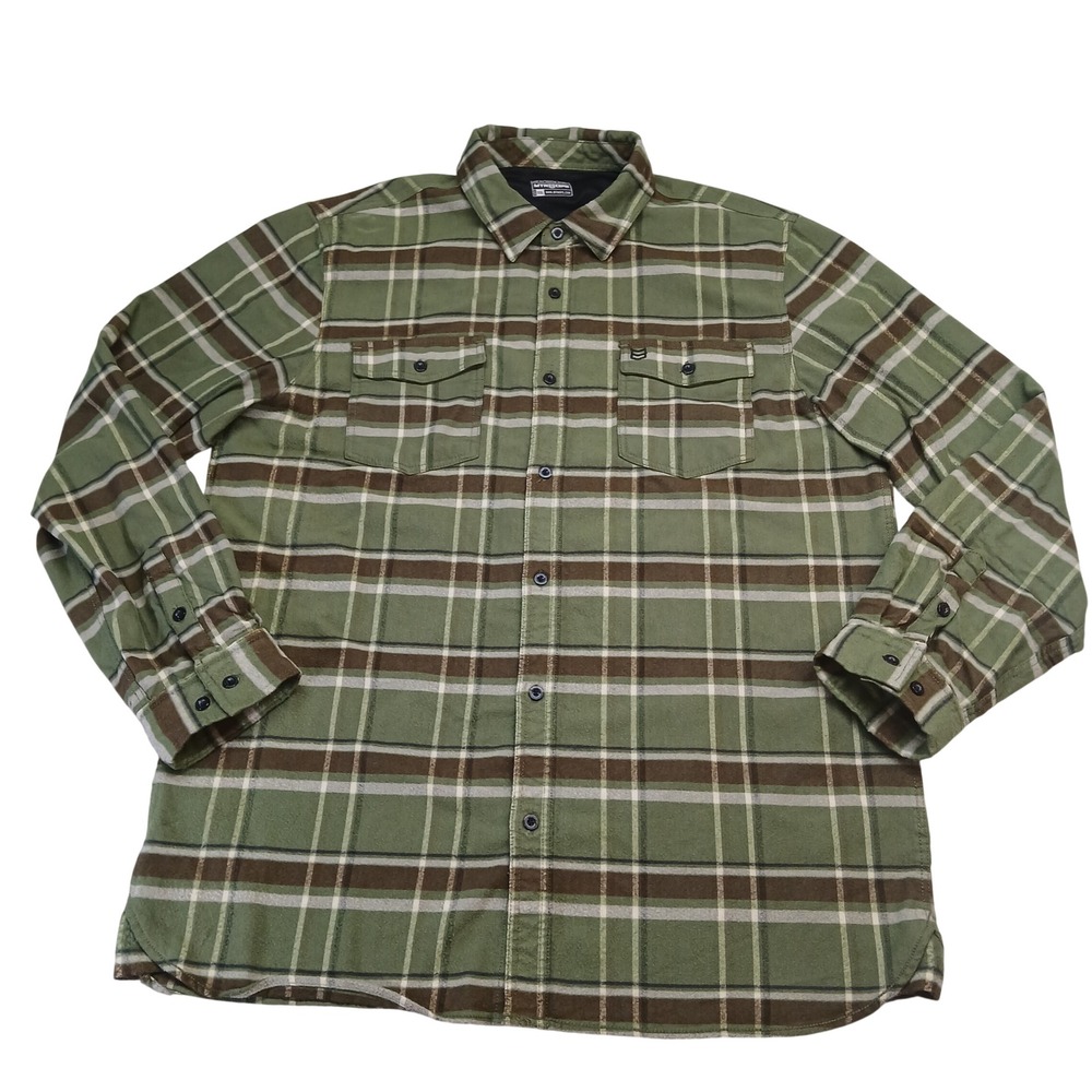 MTN OPS Mens XXL Green Brown Plaid Flannel Button Down Stretch Shirt Outdoor